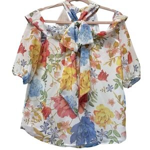 Sweet Pea Floral Blouse Women S White‎ Off Shoulder Tie Neck Chiffon Top